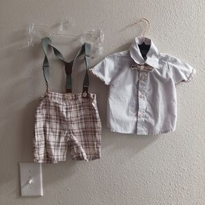 Happy Fella Boy's Classic White and Tan Kids Outfit with Suspenders